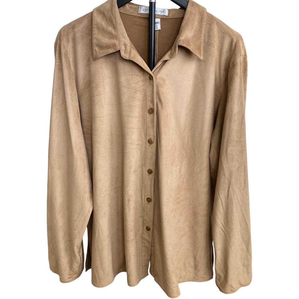 Pursuits Ltd Tan Faux Suede Button Down Shirt Women Size 16 Long Sleeve Stretch